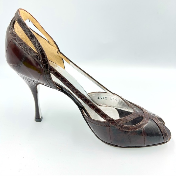 Dolce & Gabbana Croc Embossed Brown Leather Heels With Dust Bag EU36.5/US6.5 - Picture 1 of 10